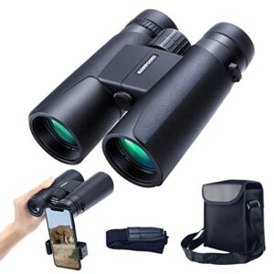 12×42 binoculars for adults, portable and waterproof compact binoculars with low light night vision, hd clear high power large view binoculars with upgraded phone adapter for bird watching, hunting