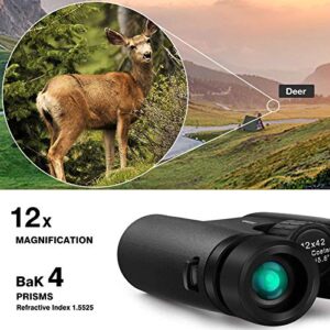 12x42 Binoculars for Adults, Portable and Waterproof Compact Binoculars with Low Light Night Vision, HD Clear High Power Large View Binoculars with Upgraded Phone Adapter for Bird Watching, Hunting