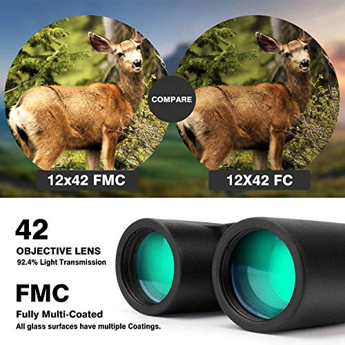 12x42 Binoculars for Adults, Portable and Waterproof Compact Binoculars with Low Light Night Vision, HD Clear High Power Large View Binoculars with Upgraded Phone Adapter for Bird Watching, Hunting