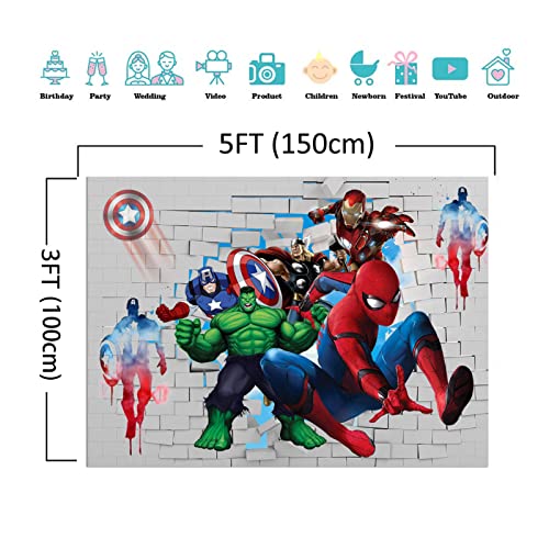 Spiderman Theme Backdrop 5x3ft White Brick Wall Photo Super City Spiderman Background for Superhero Spiderman Kids Birthday Party Photography Decoration Banner