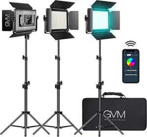 gvm rgb led video light with bluetooth control, 880rs 60w photography lighting kit dimmable led panel with lcd screen, 3 packs studio light for youtube, streaming, gaming, 8 applicable scenes, cri97