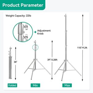 Heavy Duty Light Stand Photography: Stainless Steel - Takerers 9.2ft/110inch Adjustable Tripod stands with Spring Cushioned, 1/4" to 3/8" Universal Screw, Carry Bag for Softbox, Strobe(Max Load: 22lb)