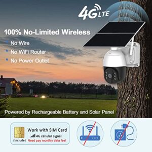 4G LTE Cellular Solar Security Cameras Wireless Outdoor Battery Powered No WiFi, PTZ Video Surveillance Camera for Home Security, Color Night Vision, 2 Way Talk, Motion Detection, Phone App Alerts