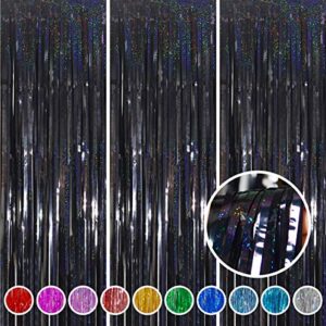 foil fringe curtains party decorations – melsan 3 pack 3.2 x 8.2 ft tinsel curtain party photo backdrop for birthday party baby shower or graduation decorations black