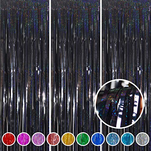 Foil Fringe Curtains Party Decorations - Melsan 3 Pack 3.2 x 8.2 ft Tinsel Curtain Party Photo Backdrop for Birthday Party Baby Shower or Graduation Decorations Black