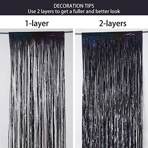 Foil Fringe Curtains Party Decorations - Melsan 3 Pack 3.2 x 8.2 ft Tinsel Curtain Party Photo Backdrop for Birthday Party Baby Shower or Graduation Decorations Black