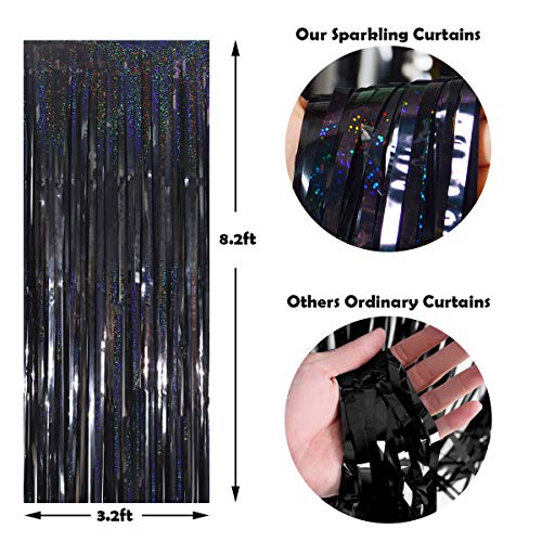 Foil Fringe Curtains Party Decorations - Melsan 3 Pack 3.2 x 8.2 ft Tinsel Curtain Party Photo Backdrop for Birthday Party Baby Shower or Graduation Decorations Black