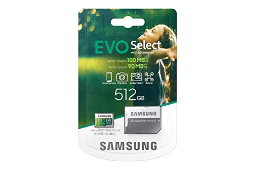 SAMSUNG EVO Select Micro SD Memory Card with Adapter, 512GB microSDXC UHS-I U3 100MB/s Full HD & 4K UHD for Photos, Videos, Music Storage, MB-ME512HA