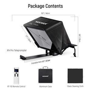 NEEWER Teleprompter X14 PRO with RT-110 Remote & APP Control (Bluetooth Connection via NEEWER Teleprompter App), 14” Portable No Assembly Compatible with iPad Android Tablet Smartphone Camera