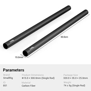 SmallRig 15mm Carbon Fiber Rod for 15mm Rod Support System (Non-Thread), 12 inches Long, Pack of 2 - 851