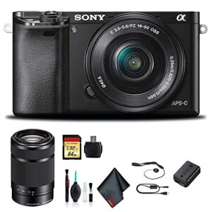 sony alpha a6000 mirrorless camera with 16-50mm and 55-210mm lenses ilce6000y/b with soft bag, 64gb memory card, card reader, plus essential accessories
