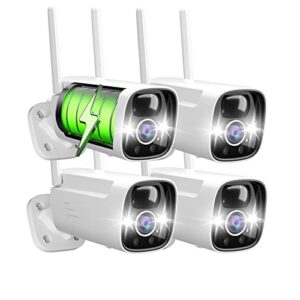 4 pack wireless camera security with cloud storage with 2k color night vision, 15000 mah wireless surveillance camera with 2 way audio, ip65, ai motion detection, support alexa, no monthly fee