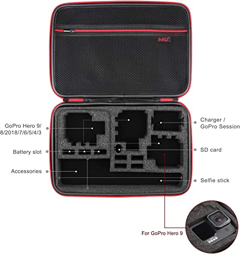 HSU Large Carrying Case for GoPro Hero 11, 10, 9, Hero 8, 7 Black,HERO6,5,4,+LCD, Black, Silver, 3+, 3, 2 and Accessories with Fully Customizable Interior Carry Handle and Carabiner Loop