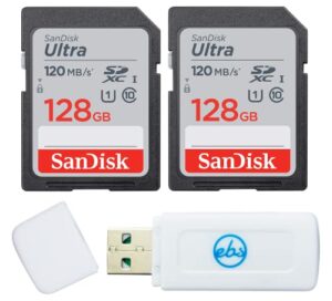 sandisk 128gb sdxc sd ultra memory card (two pack) works with canon eos rebel t7, rebel t6, 77d digital camera class 10 (sdsdun4-128g-gn6in) bundle with (1) everything but stromboli combo card reader