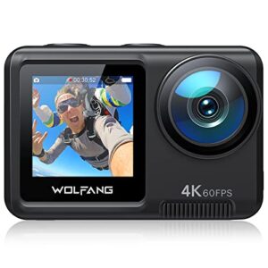 wolfang ga420 action camera 4k 60fps 24mp wifi waterproof underwater camera 3.0 eis stabilization 8x zoom helmet camera (external microphone, remote control, 2x1350mah batteries and accessory kit)
