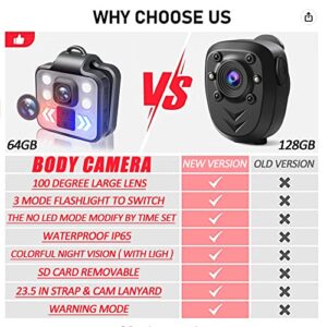 Body Camera 1080P Mini Outdoor Sports Security Wireless Wearable Video Recorder, 3 LED Modes Flashlight HeadLamp Waterproof Cam, Built-in 64GB Memory Card, Suit to Child Pet Cop Home All Day Record