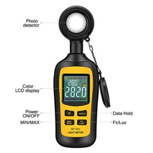 Light Meter Digital Illuminance Meter Handheld Ambient Temperature Measurer with Range up to 200,000 Lux Luxmeter with 4 Digit Color LCD Screen