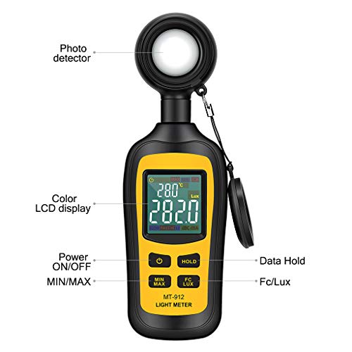 Light Meter Digital Illuminance Meter Handheld Ambient Temperature Measurer with Range up to 200,000 Lux Luxmeter with 4 Digit Color LCD Screen