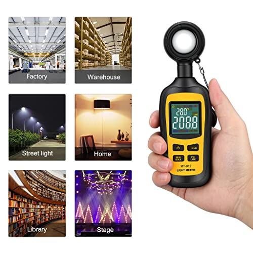 Light Meter Digital Illuminance Meter Handheld Ambient Temperature Measurer with Range up to 200,000 Lux Luxmeter with 4 Digit Color LCD Screen