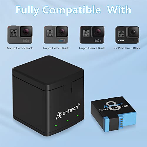 Artman Hero 8 Battery 1500mAh(3xPack) and 3-Channel LED USB Storage Charger for Gopro Hero 8 Black,Hero 7 Black,Hero 6/5 Black,Hero 2018(Fully Compatible with Gopro Hero 8 Battery and Hero 8 Charger)