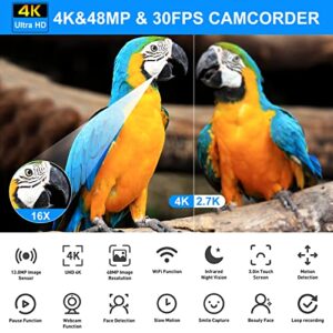 4K Video Camera Camcorder 48MP UHD WiFi IR Night Vision Vlogging Camera for YouTube 16X Digital Zoom Touch Screen Camera Recorder with Microphone, Handheld Stabilizer, Lens Hood, Remote,2 Batteries