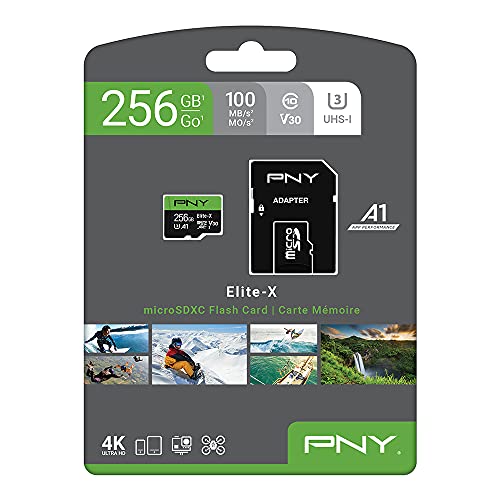 PNY 256GB Elite-X Class 10 U3 V30 microSDXC Flash Memory Card - 100MB/s, Class 10, U3, V30, A1, 4K UHD, Full HD, UHS-I, micro SD
