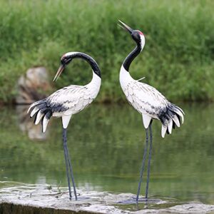 chisheen Garden Crane Statues Outdoor Heron Red Crowned Crane Metal Yard Art Sculpture,Set of 2