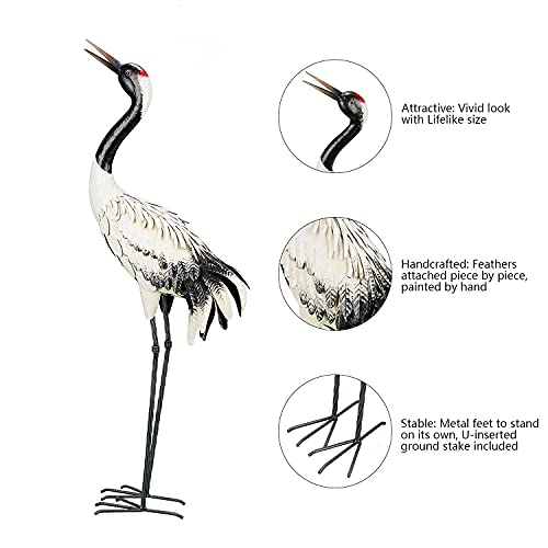 chisheen Garden Crane Statues Outdoor Heron Red Crowned Crane Metal Yard Art Sculpture,Set of 2