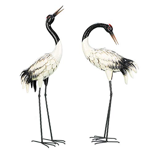 chisheen Garden Crane Statues Outdoor Heron Red Crowned Crane Metal Yard Art Sculpture,Set of 2