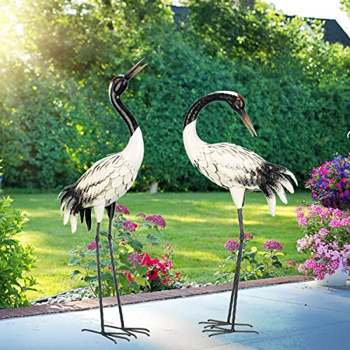 chisheen Garden Crane Statues Outdoor Heron Red Crowned Crane Metal Yard Art Sculpture,Set of 2