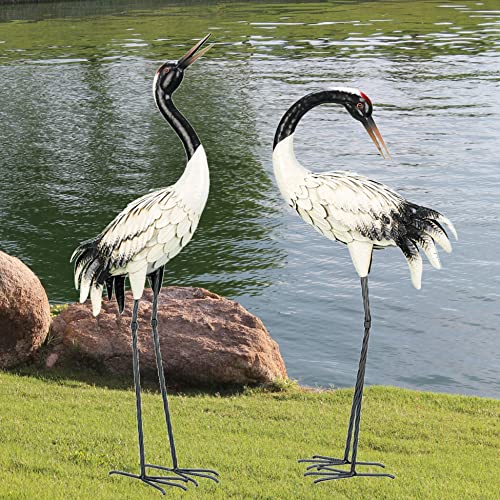 chisheen Garden Crane Statues Outdoor Heron Red Crowned Crane Metal Yard Art Sculpture,Set of 2