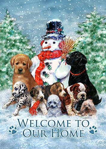 Toland Home Garden 28x40 Inch Double Sided Garden Flag Winter Flag, Snowman with Pups Christmas Winter Garden Flag House Flag For Outdoor Yard Decoration