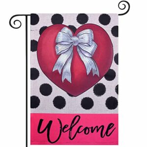 welcome valentines day garden flag, hogardeck 12.5×18 inch vertical double sided potka dot heart yard flag, farmhouse rustic outdoor valentines day decor