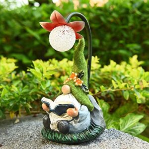 e.sun craft, solar garden gnome resin gnomes figurine reading book with a solar powered led flower light outdoor summer autumn decorations for patio yard lawn porch pond green hat