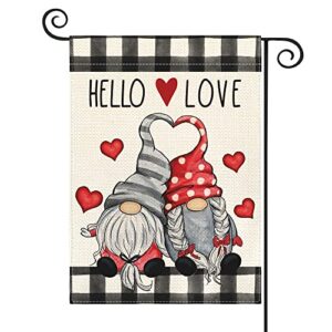 AVOIN colorlife Hello Love Valentine's Day Gnome Garden Flag 12x18 Inch Outside Double Sided, Buffalo Plaid Rustic Farmhouse Yard Outdoor Decoration
