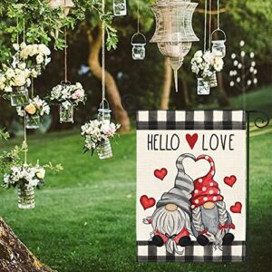 AVOIN colorlife Hello Love Valentine's Day Gnome Garden Flag 12x18 Inch Outside Double Sided, Buffalo Plaid Rustic Farmhouse Yard Outdoor Decoration