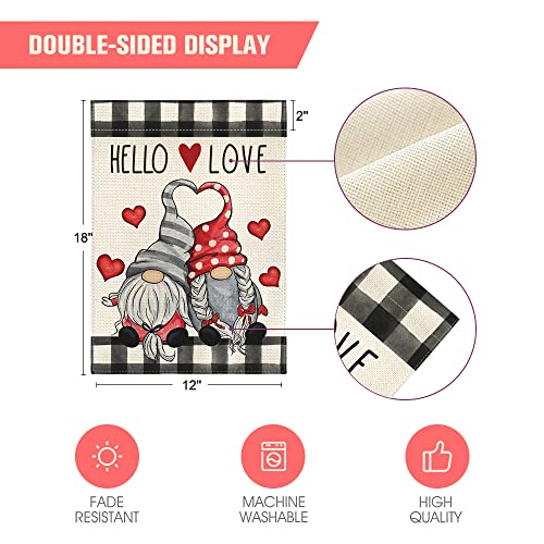 AVOIN colorlife Hello Love Valentine's Day Gnome Garden Flag 12x18 Inch Outside Double Sided, Buffalo Plaid Rustic Farmhouse Yard Outdoor Decoration
