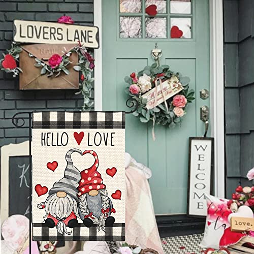 AVOIN colorlife Hello Love Valentine's Day Gnome Garden Flag 12x18 Inch Outside Double Sided, Buffalo Plaid Rustic Farmhouse Yard Outdoor Decoration