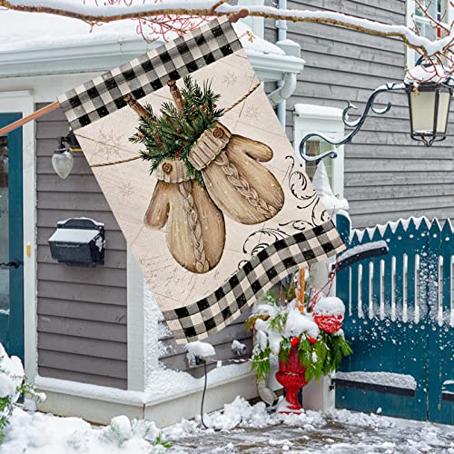 Hzppyz Winter Gloves Home Decorative House Flag Buffalo Plaid Check Farmhouse Garden Yard Outdoor Large Burlap Flag Sign Christmas Outside Decoration Xmas Seasonal Decor Double Sided Black White 28x40