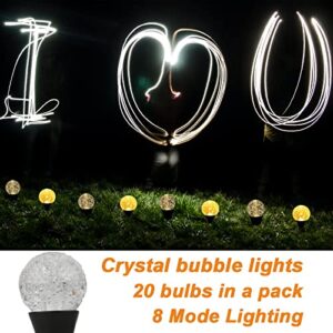 20 Led 22.15 ft Solar Outdoor Fairy Lights with 8 Modes, 20 in 1 Warm Light Globe Waterproof Stake Lights, Mini Crystal Bubble Decorative Lights for Valentines Day Yard Pathway Patio Party Wedding