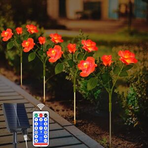 PINPON Outdoor Solar Flower Lights - 4 Pack Red Roses Lights Outdoor Garden Decorative with 16 Oversized Red Roses Flowers, 8 Modes Remote Control Switch for Garden, Lawn, Patio, Pond, Backyard