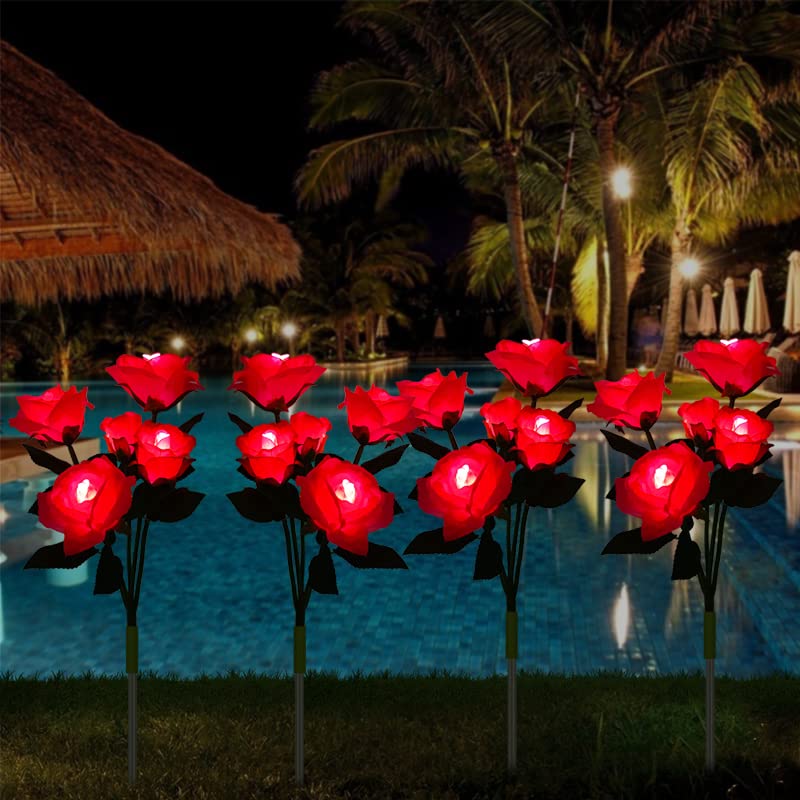 PINPON Outdoor Solar Flower Lights - 4 Pack Red Roses Lights Outdoor Garden Decorative with 16 Oversized Red Roses Flowers, 8 Modes Remote Control Switch for Garden, Lawn, Patio, Pond, Backyard