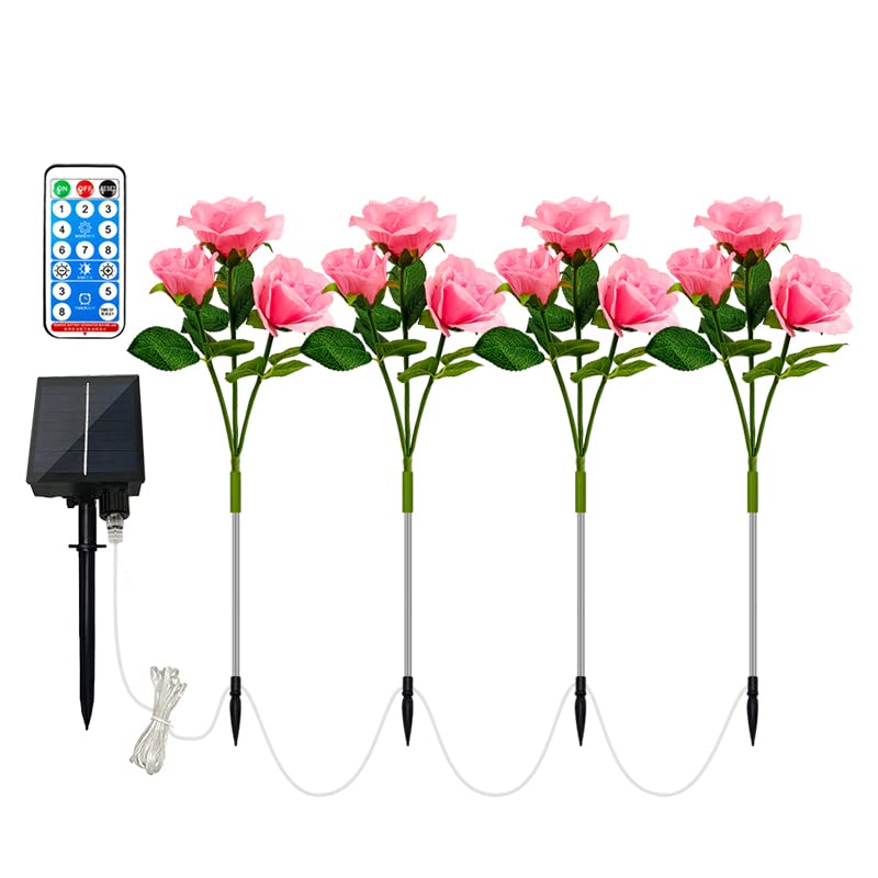 PINPON Outdoor Solar Flower Lights - 4 Pack Red Roses Lights Outdoor Garden Decorative with 16 Oversized Red Roses Flowers, 8 Modes Remote Control Switch for Garden, Lawn, Patio, Pond, Backyard