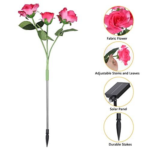 PINPON Outdoor Solar Flower Lights - 4 Pack Red Roses Lights Outdoor Garden Decorative with 16 Oversized Red Roses Flowers, 8 Modes Remote Control Switch for Garden, Lawn, Patio, Pond, Backyard
