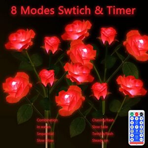 PINPON Outdoor Solar Flower Lights - 4 Pack Red Roses Lights Outdoor Garden Decorative with 16 Oversized Red Roses Flowers, 8 Modes Remote Control Switch for Garden, Lawn, Patio, Pond, Backyard