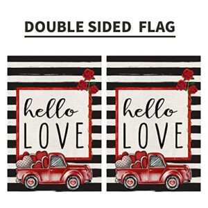 Hello Love Valentines Day Garden Flag Burlap 12×18 Inch Vertical Double Sided, Red Truck and Love Farmhouse Rustic Seasonal Yard Outdoor Decorations DF165