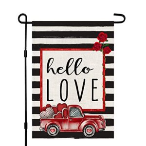 hello love valentines day garden flag burlap 12×18 inch vertical double sided, red truck and love farmhouse rustic seasonal yard outdoor decorations df165