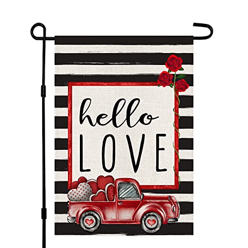 Hello Love Valentines Day Garden Flag Burlap 12×18 Inch Vertical Double Sided, Red Truck and Love Farmhouse Rustic Seasonal Yard Outdoor Decorations DF165