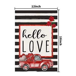 Hello Love Valentines Day Garden Flag Burlap 12×18 Inch Vertical Double Sided, Red Truck and Love Farmhouse Rustic Seasonal Yard Outdoor Decorations DF165