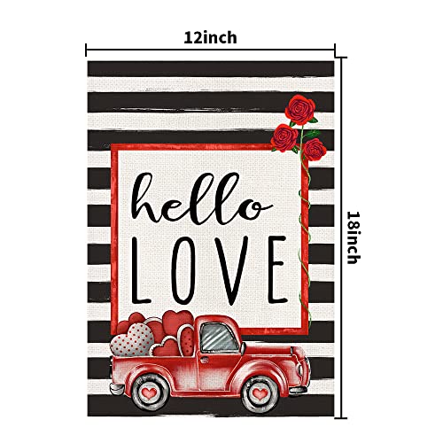 Hello Love Valentines Day Garden Flag Burlap 12×18 Inch Vertical Double Sided, Red Truck and Love Farmhouse Rustic Seasonal Yard Outdoor Decorations DF165